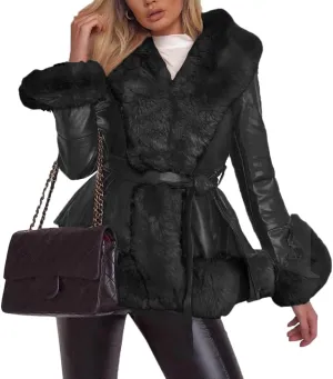 Aurgelmir Women's Faux Leather Jacket Coat Short/Long Parka Coat with Fur Collar Outwear