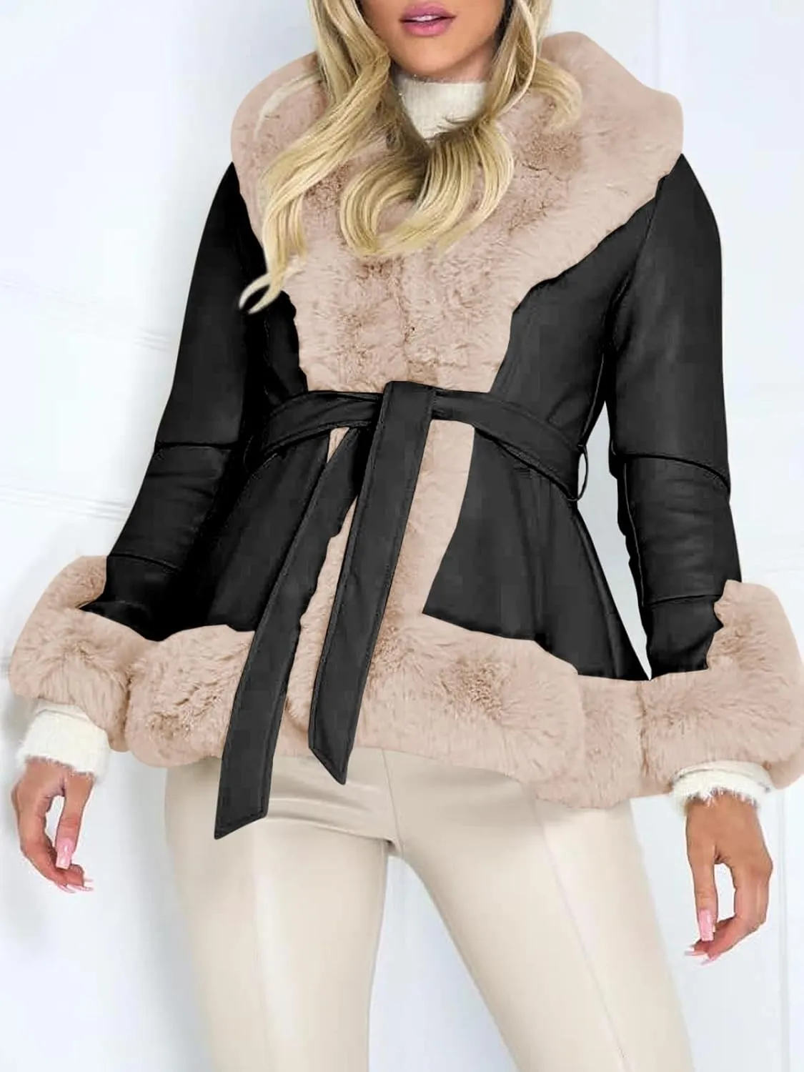 Aurgelmir Women's Faux Leather Jacket Coat Short/Long Parka Coat with Fur Collar Outwear