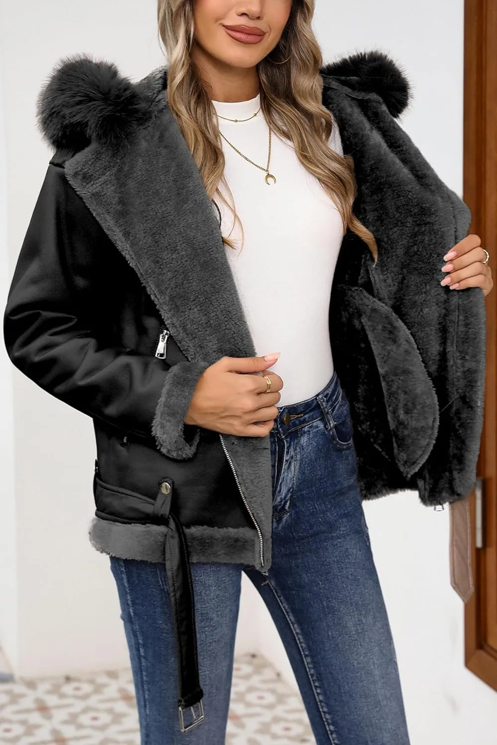Bellivera Women Faux Suede Leather Jacket Moto Biker Coat Sherpa-Lined Outerwear with Detachable Belt