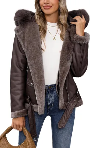 Bellivera Women Faux Suede Leather Jacket Moto Biker Coat Sherpa-Lined Outerwear with Detachable Belt