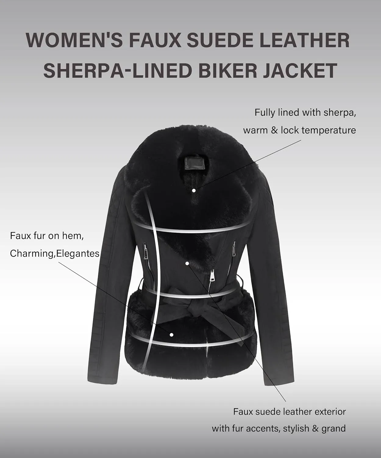 Bellivera Women Faux Suede Leather Jacket Moto Biker Coat Sherpa-Lined Outerwear with Detachable Belt