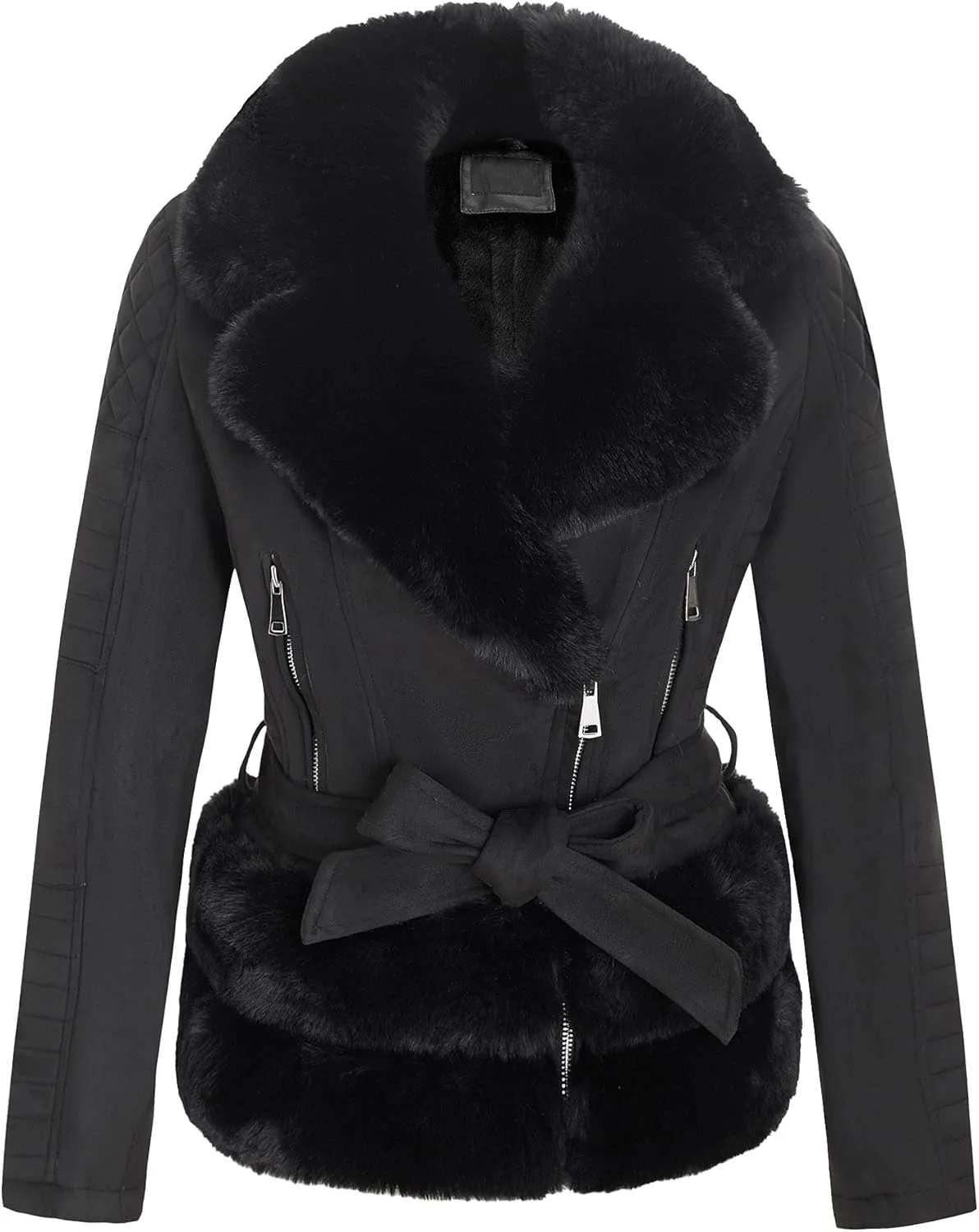Bellivera Women Faux Suede Leather Jacket Moto Biker Coat Sherpa-Lined Outerwear with Detachable Belt