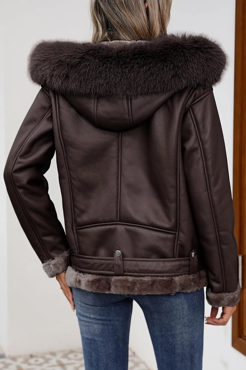 Bellivera Women Faux Suede Leather Jacket Moto Biker Coat Sherpa-Lined Outerwear with Detachable Belt