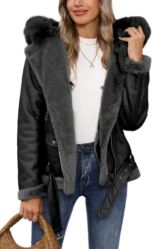 Bellivera Women Faux Suede Leather Jacket Moto Biker Coat Sherpa-Lined Outerwear with Detachable Belt