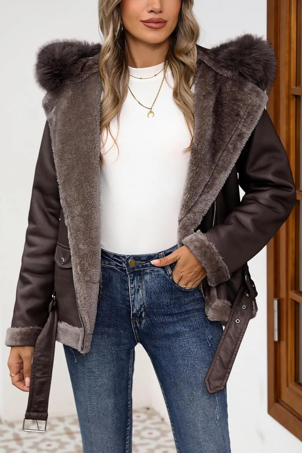 Bellivera Women Faux Suede Leather Jacket Moto Biker Coat Sherpa-Lined Outerwear with Detachable Belt