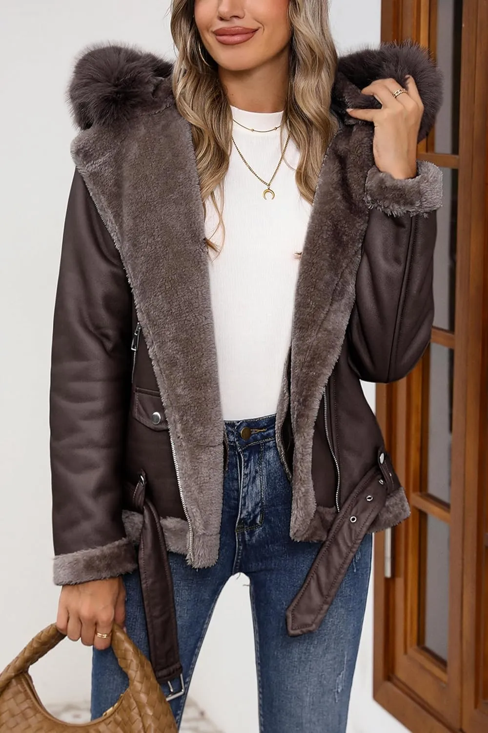 Bellivera Women Faux Suede Leather Jacket Moto Biker Coat Sherpa-Lined Outerwear with Detachable Belt