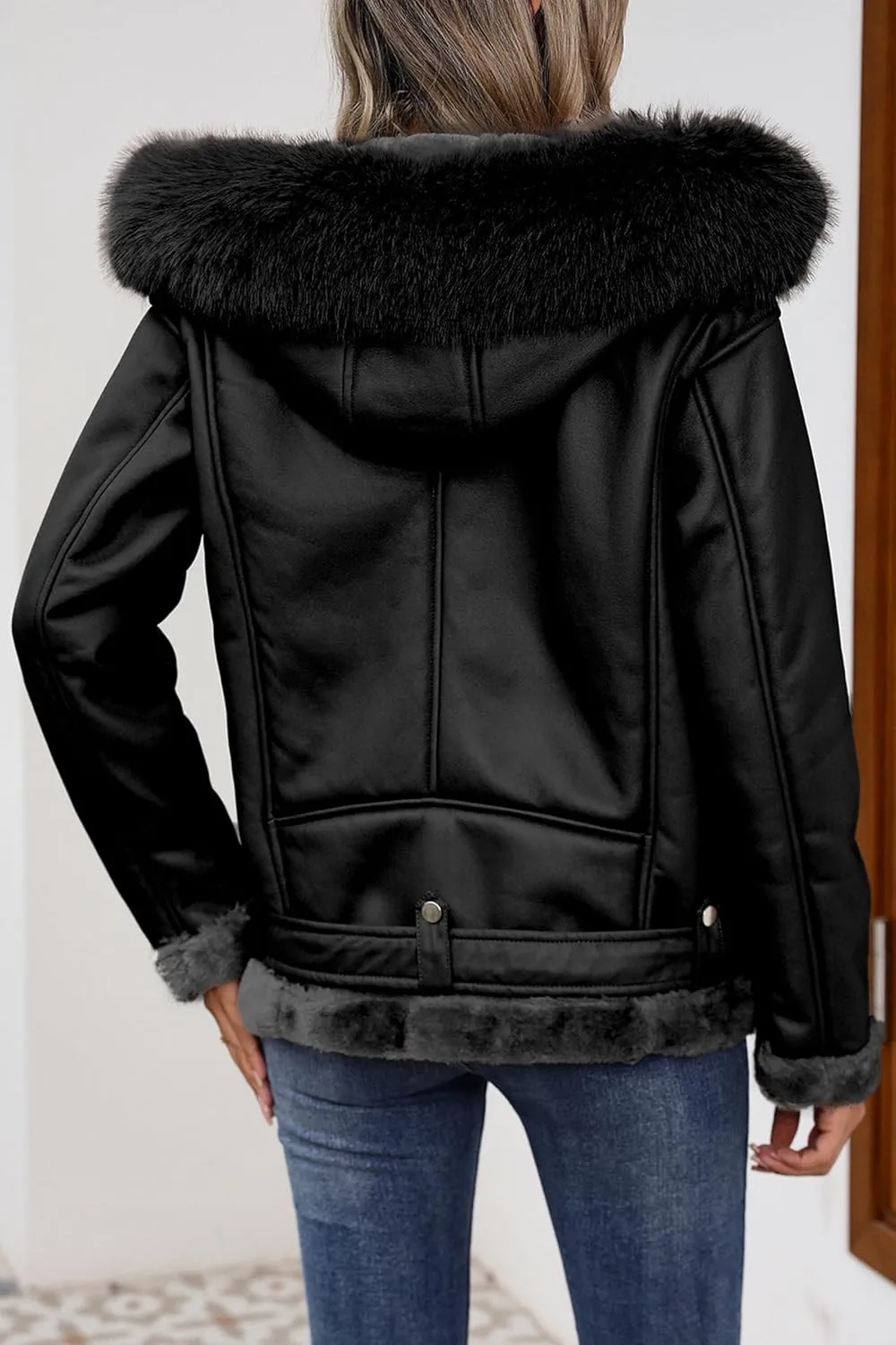 Bellivera Women Faux Suede Leather Jacket Moto Biker Coat Sherpa-Lined Outerwear with Detachable Belt