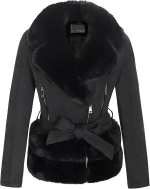 Bellivera Women Faux Suede Leather Jacket Moto Biker Coat Sherpa-Lined Outerwear with Detachable Belt