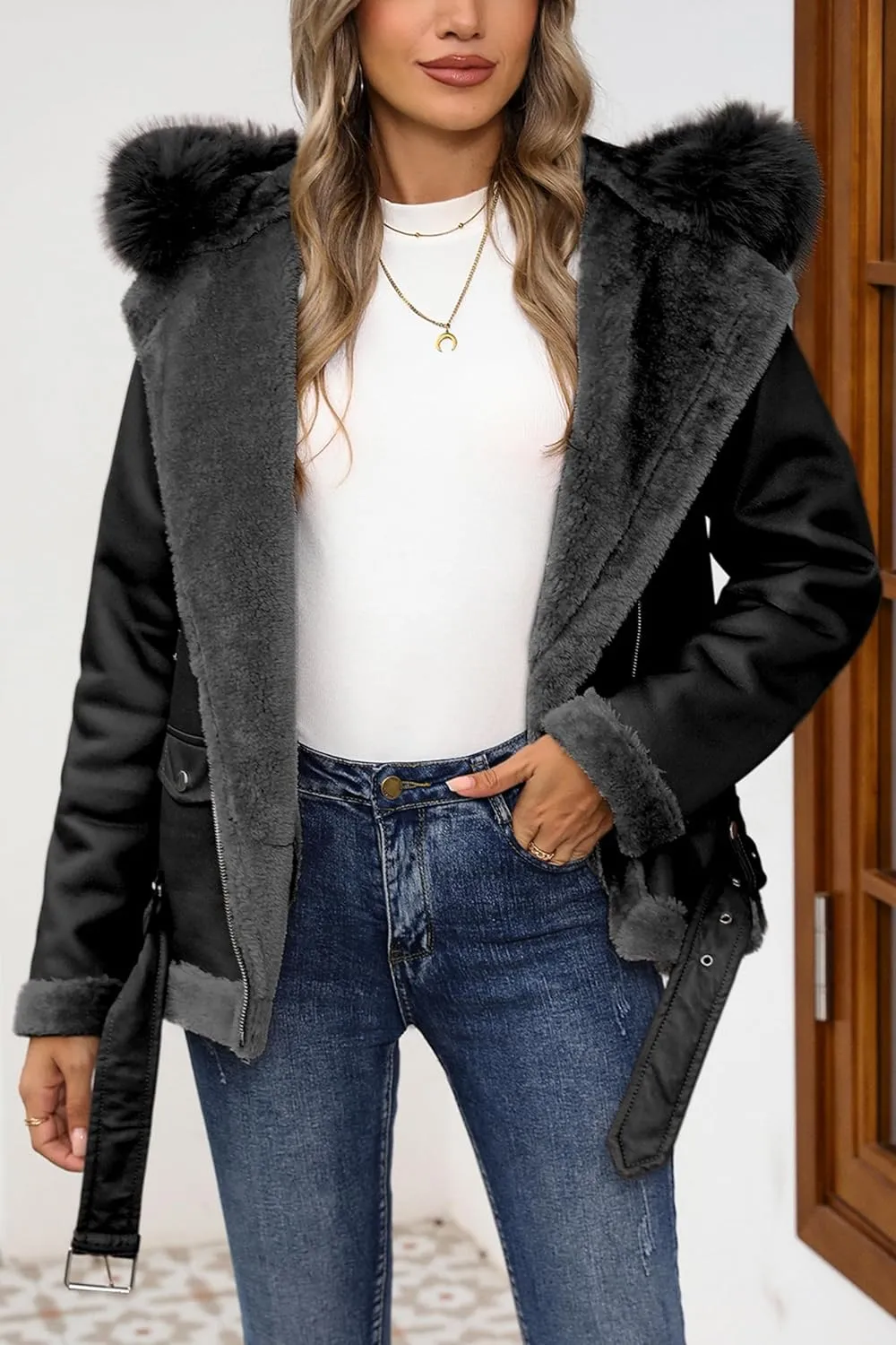 Bellivera Women Faux Suede Leather Jacket Moto Biker Coat Sherpa-Lined Outerwear with Detachable Belt