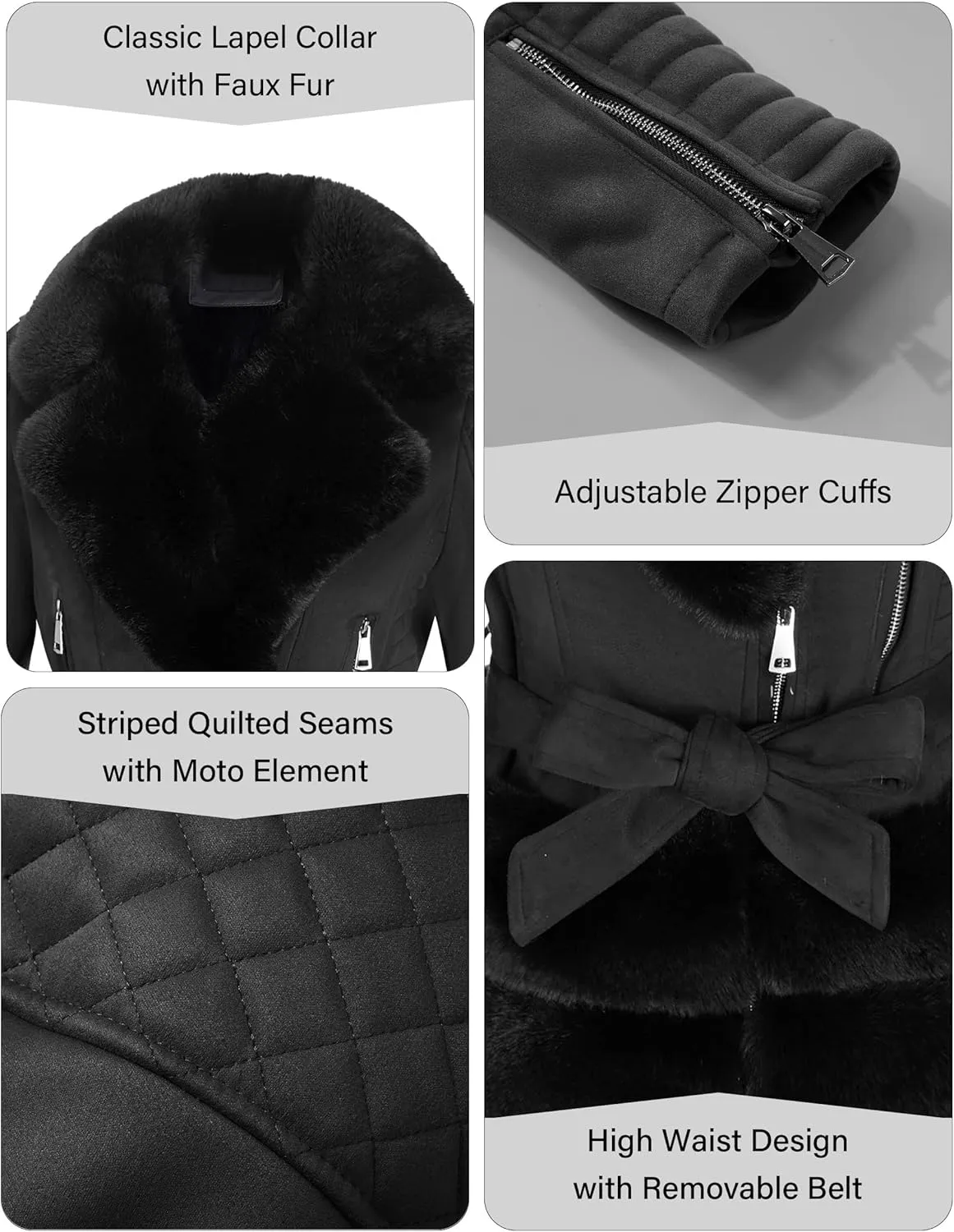 Bellivera Women Faux Suede Leather Jacket Moto Biker Coat Sherpa-Lined Outerwear with Detachable Belt