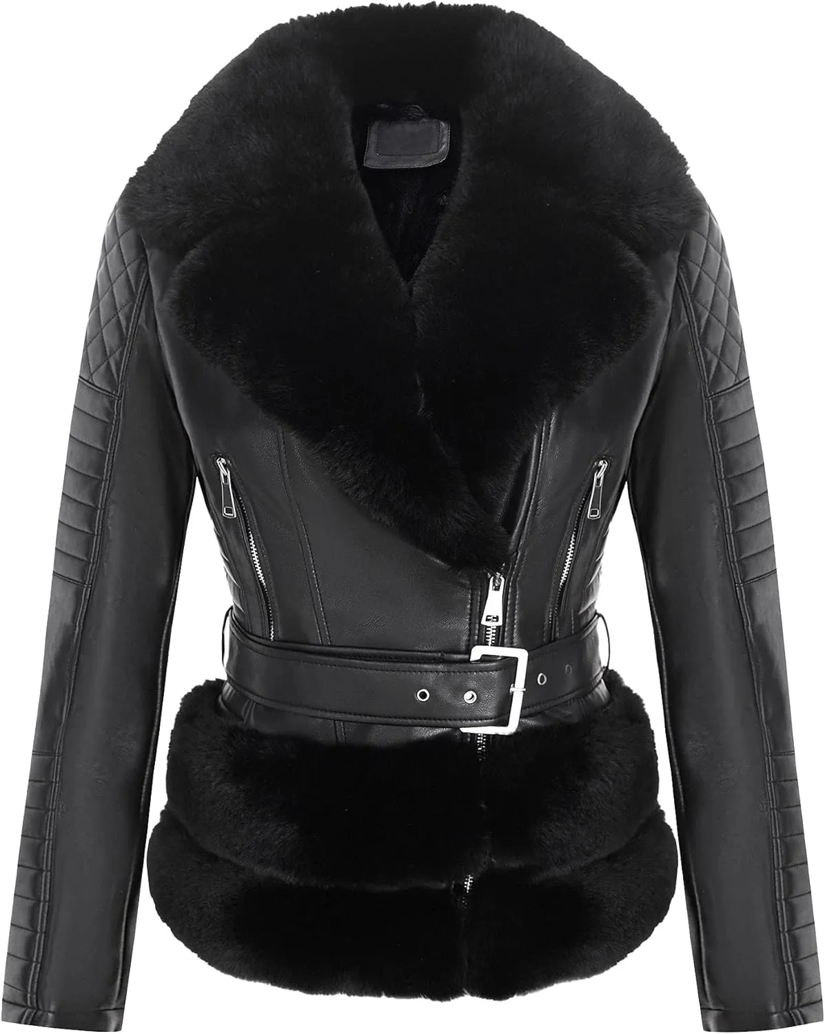 Bellivera Women Faux Suede Leather Jacket Moto Biker Coat Sherpa-Lined Outerwear with Detachable Belt