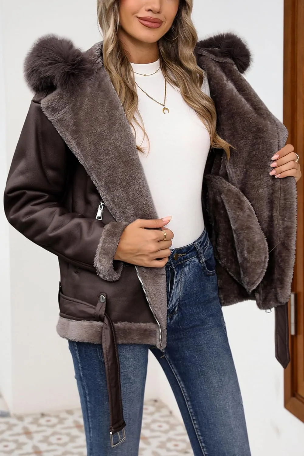 Bellivera Women Faux Suede Leather Jacket Moto Biker Coat Sherpa-Lined Outerwear with Detachable Belt