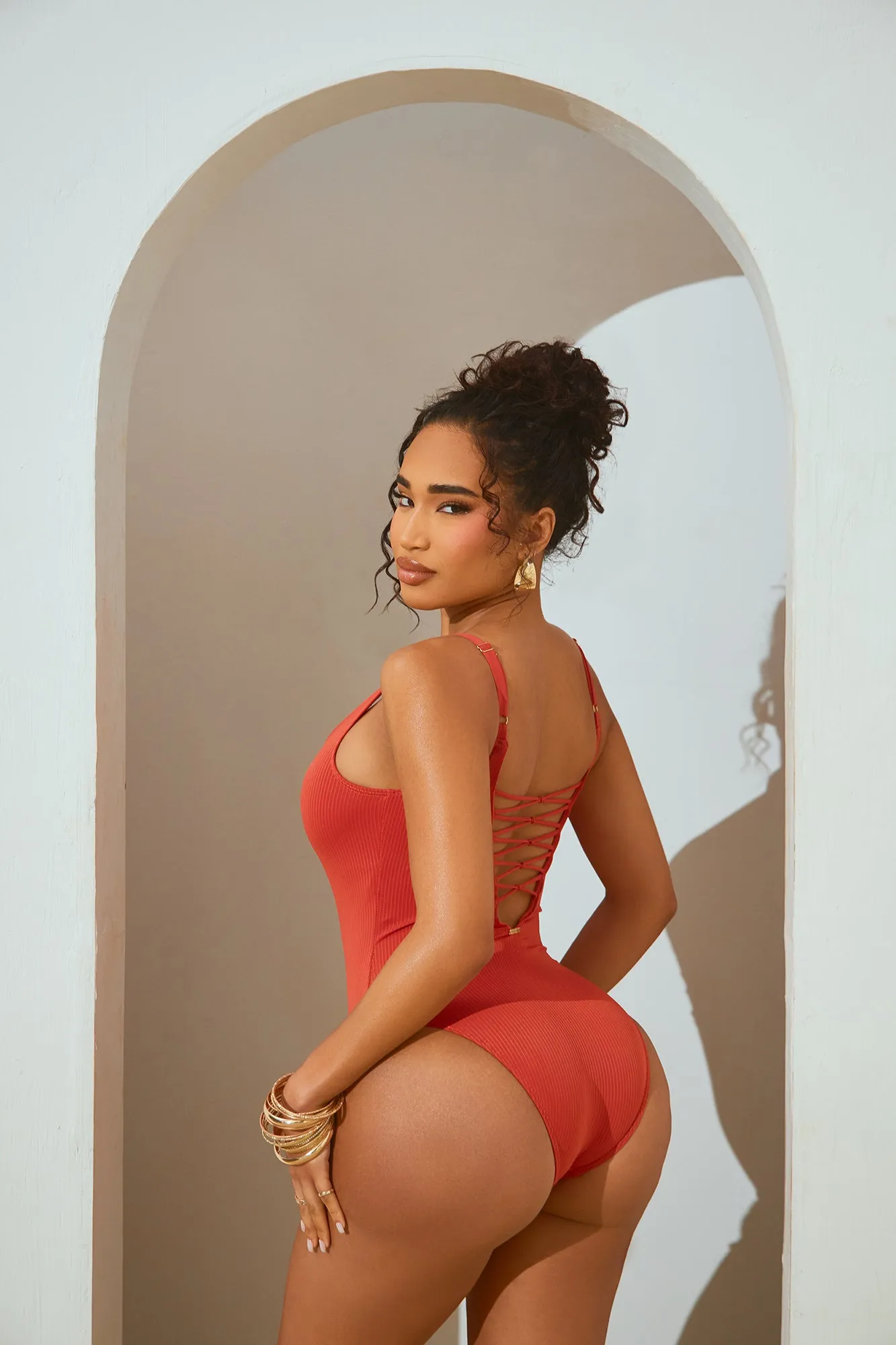 Best Summer Days Ribbed Lace Up 1 Piece Swimsuit - Rust