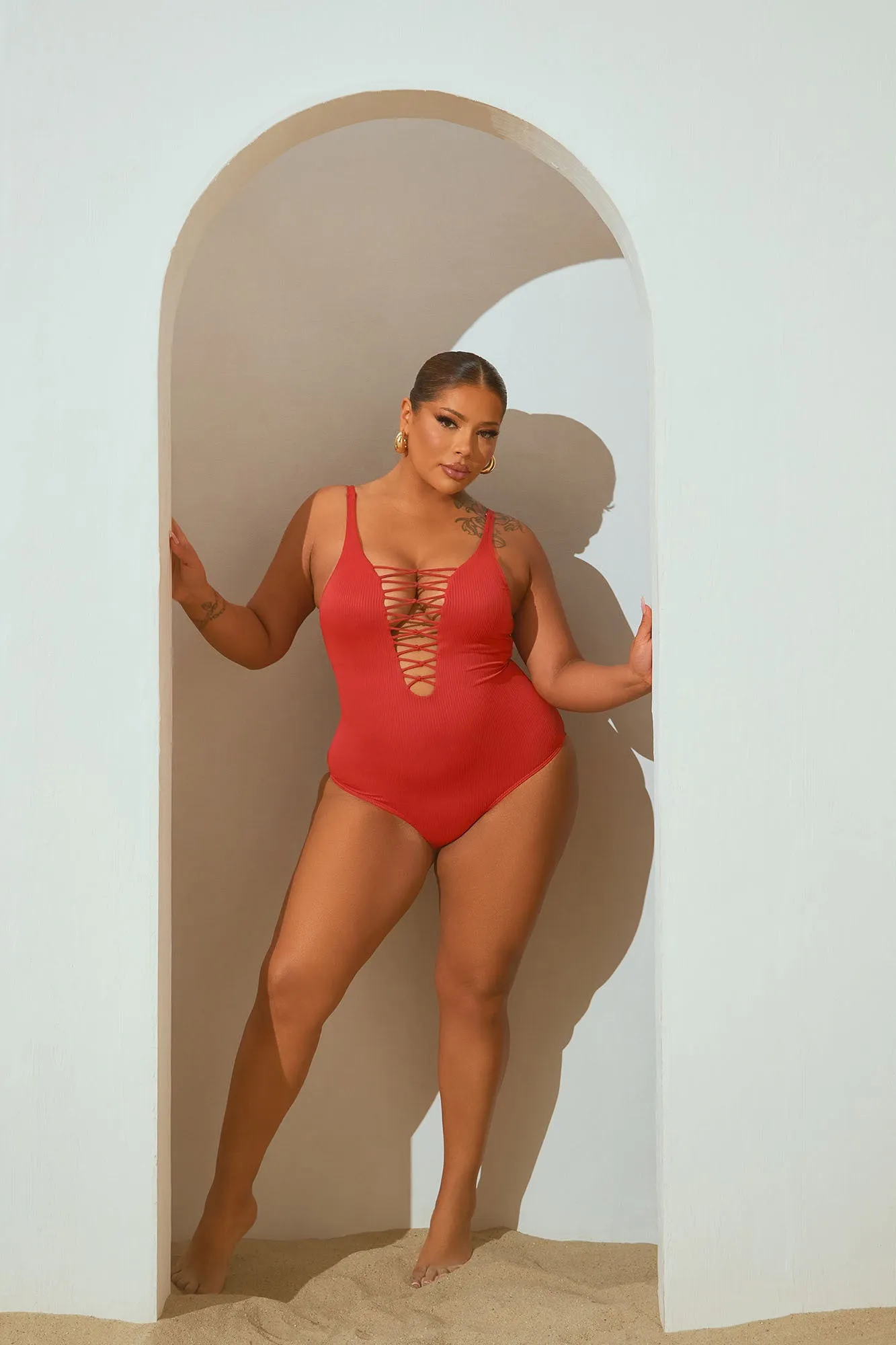 Best Summer Days Ribbed Lace Up 1 Piece Swimsuit - Rust