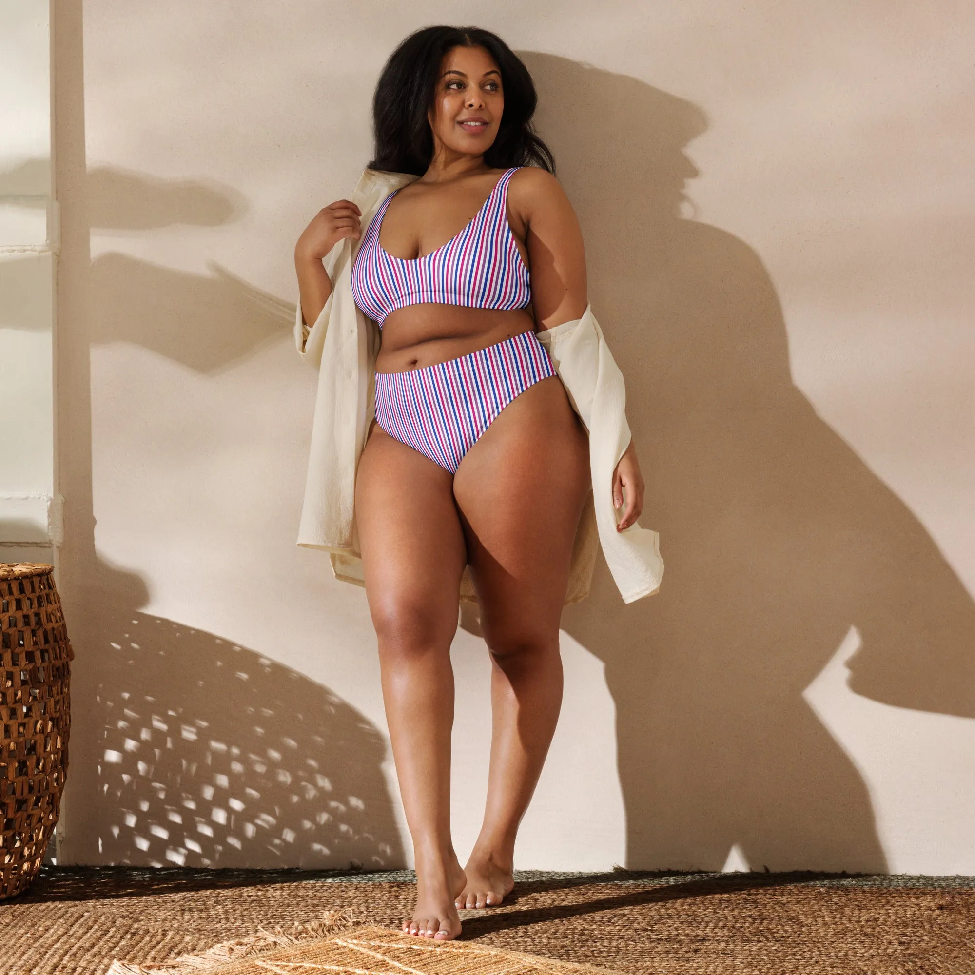 Bisexual Striped High-Waisted Athletic Bikini Bottom