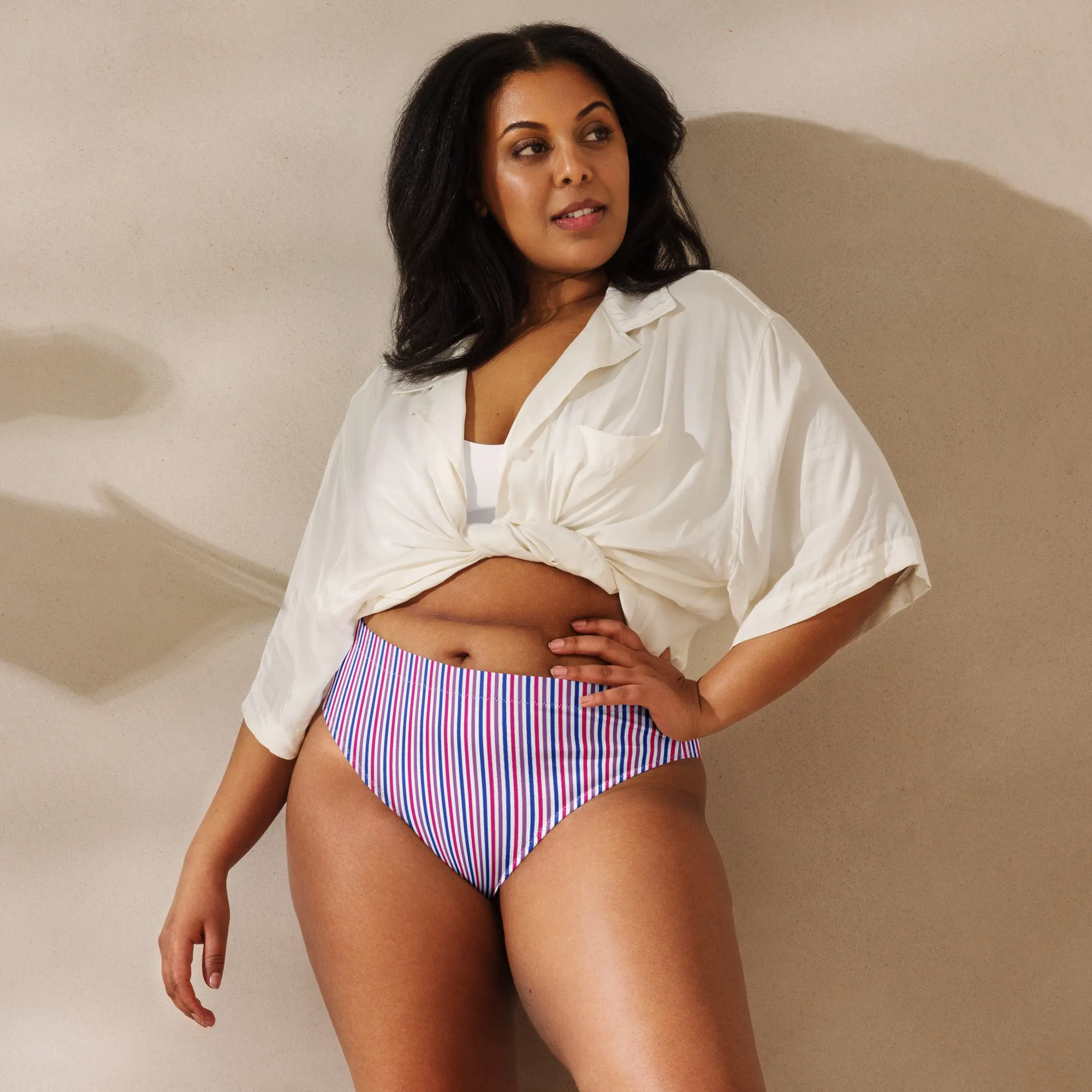 Bisexual Striped High-Waisted Athletic Bikini Bottom