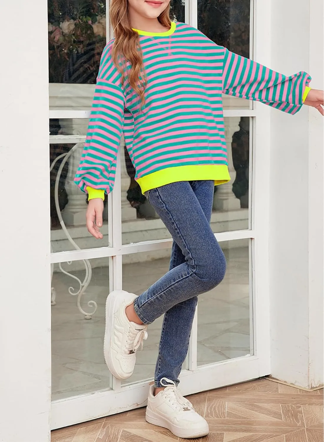 blibean Girls Cotton Long Sleeve Sweathirts Striped Color Block Tops Size 6-15 Years