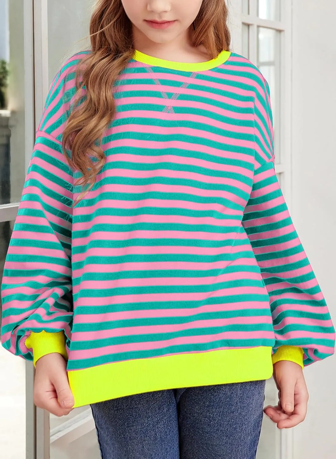 blibean Girls Cotton Long Sleeve Sweathirts Striped Color Block Tops Size 6-15 Years