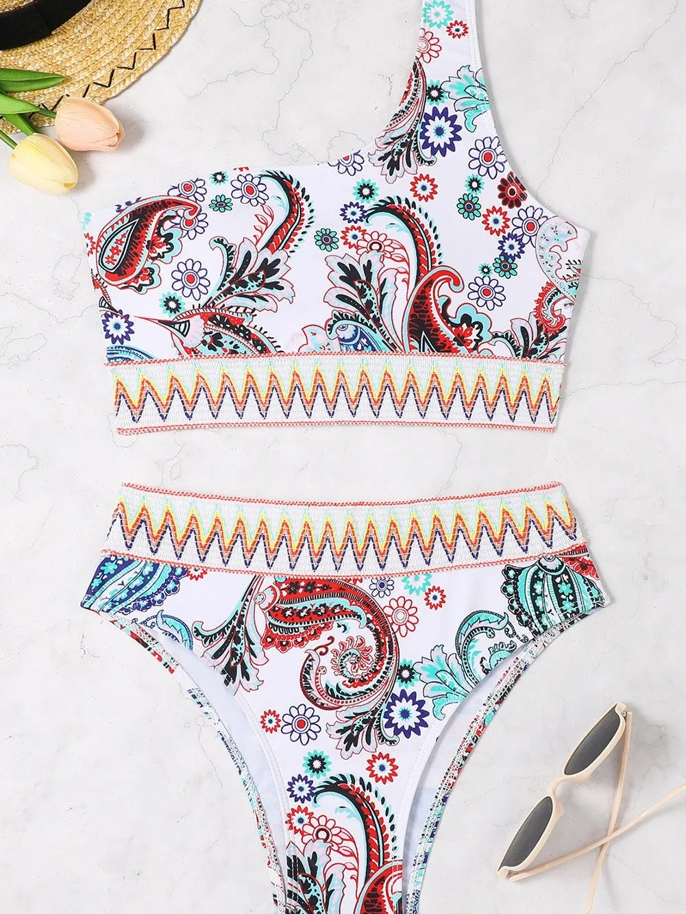 Boho Paisley One-shoulder Bikini with White Contrast Trim