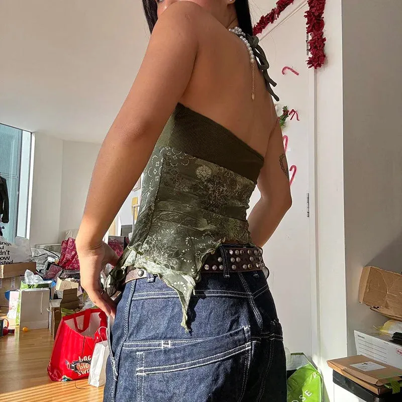 Boho Vintage Mesh Patchwork Crop Top