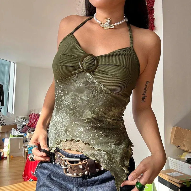 Boho Vintage Mesh Patchwork Crop Top