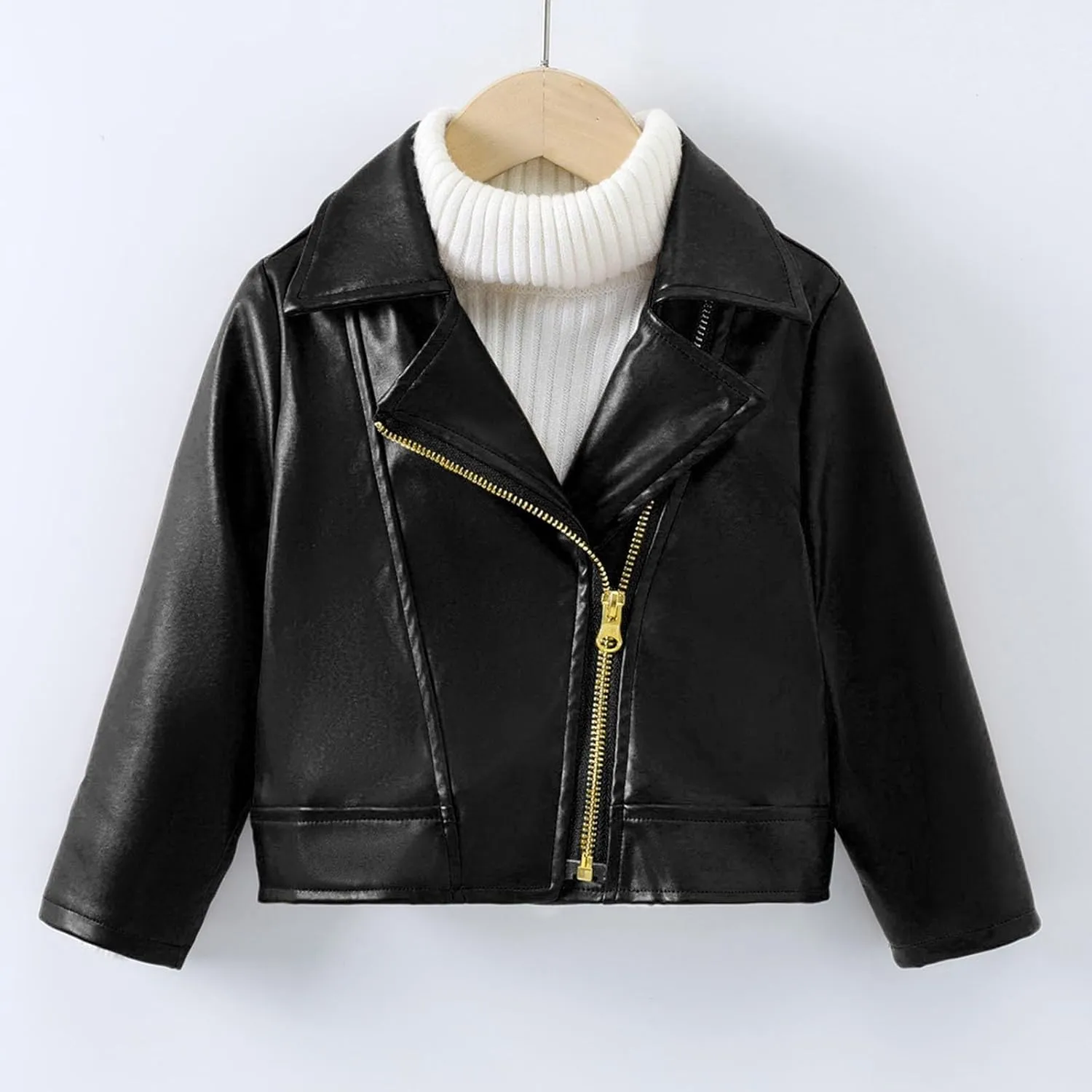 Boys Girls Leather Coat Autumn Winter Solid Color Long Sleeve Lapel Collar Zipper Jacket Party Birthday Gifts