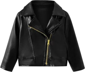 Boys Girls Leather Coat Autumn Winter Solid Color Long Sleeve Lapel Collar Zipper Jacket Party Birthday Gifts
