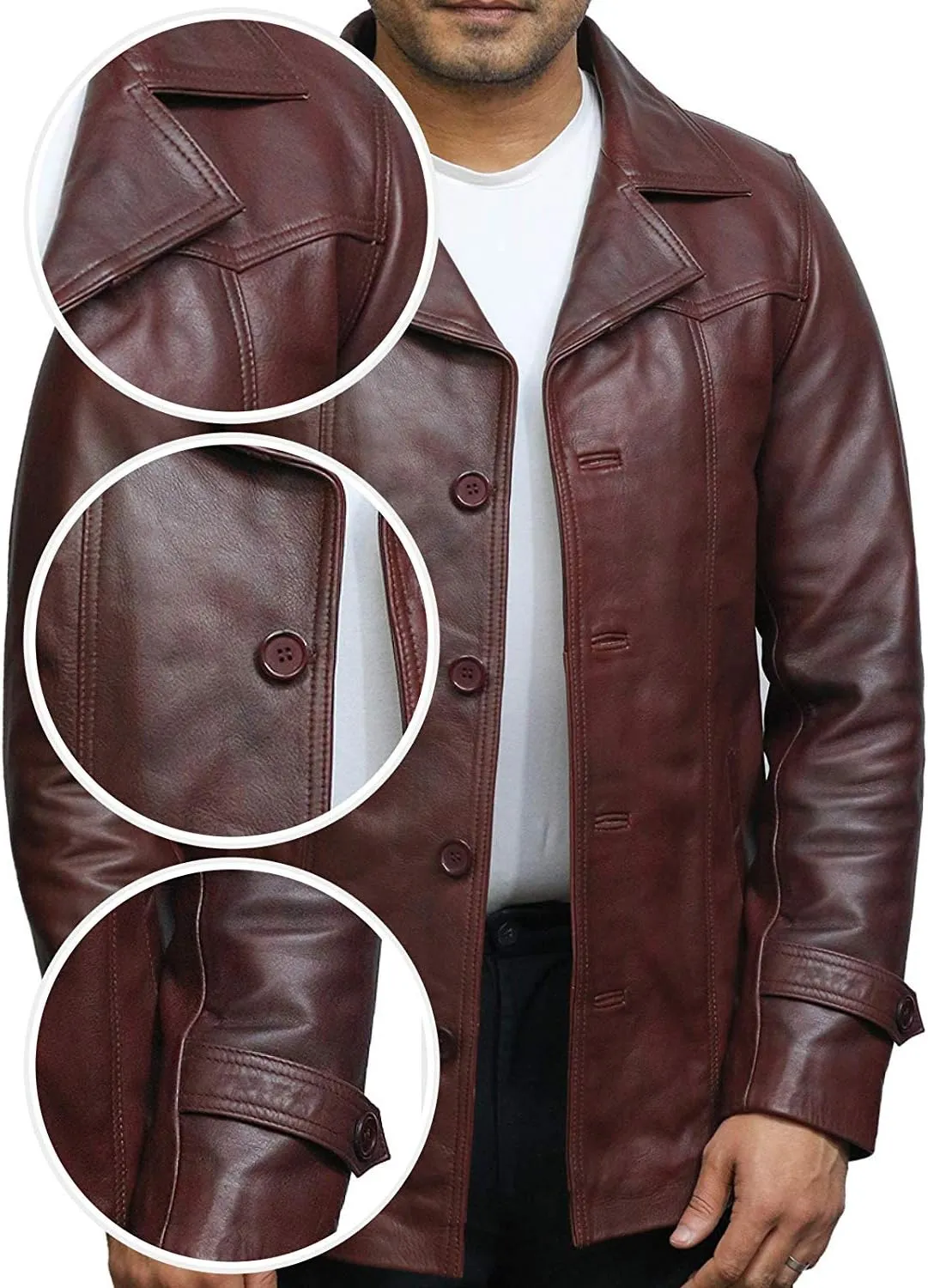 BRANDSLOCK Mens Real Cowhide Leather Jacket Trench Safari Coat Washed