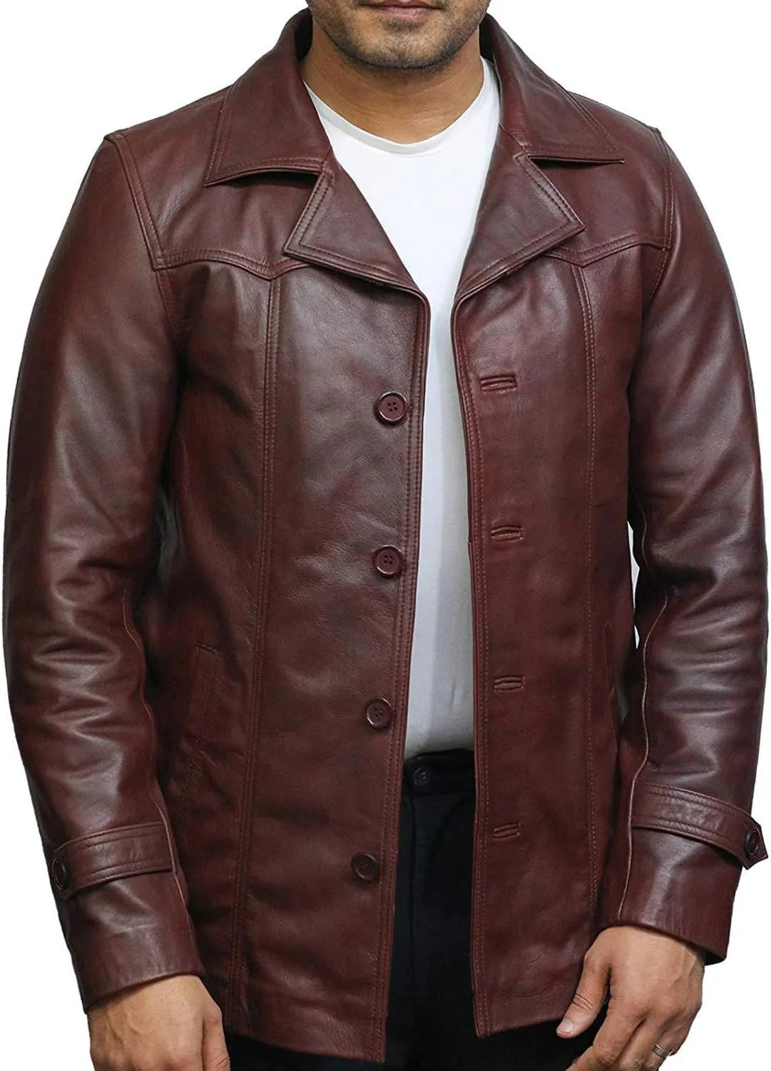 BRANDSLOCK Mens Real Cowhide Leather Jacket Trench Safari Coat Washed