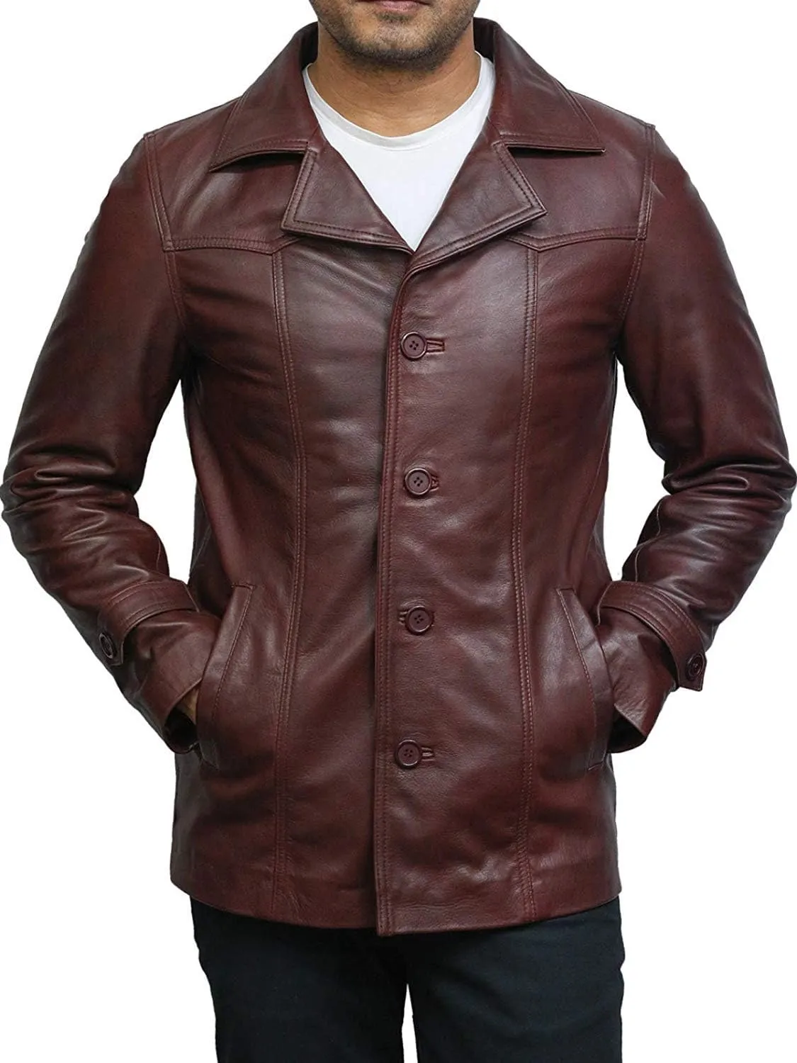 BRANDSLOCK Mens Real Cowhide Leather Jacket Trench Safari Coat Washed