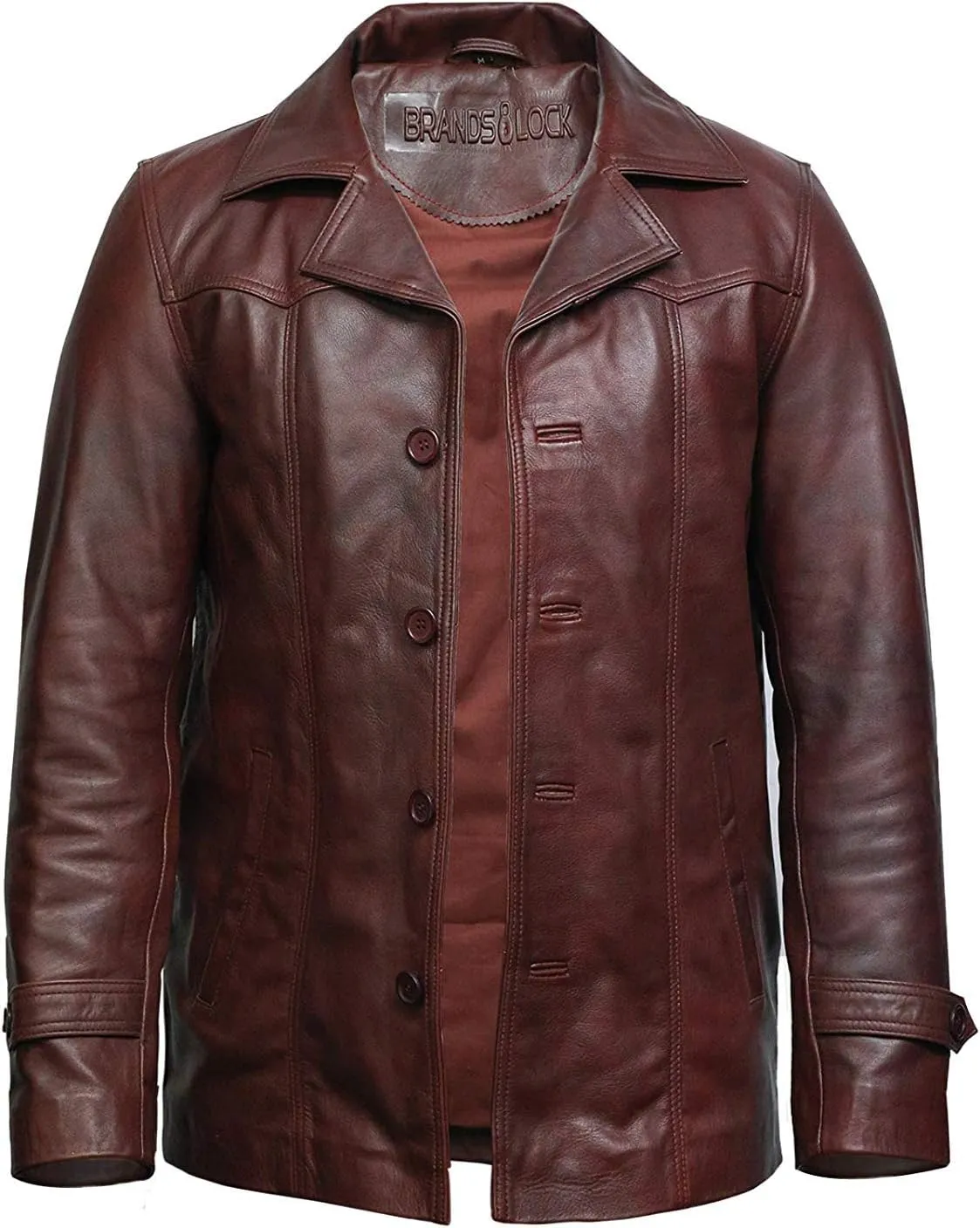 BRANDSLOCK Mens Real Cowhide Leather Jacket Trench Safari Coat Washed