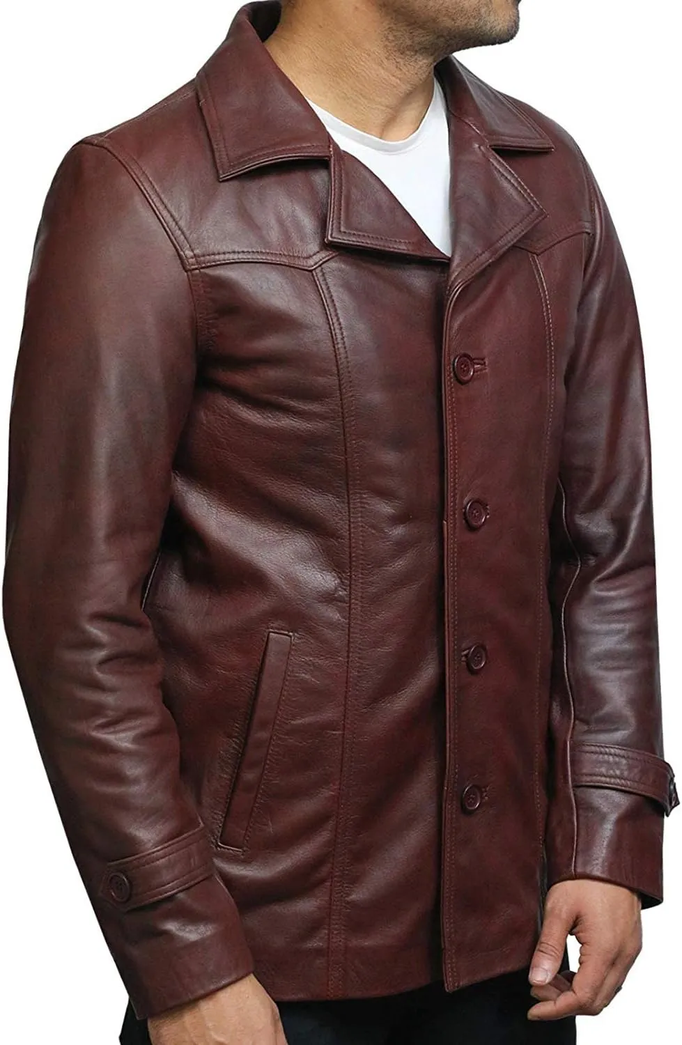 BRANDSLOCK Mens Real Cowhide Leather Jacket Trench Safari Coat Washed