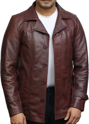 BRANDSLOCK Mens Real Cowhide Leather Jacket Trench Safari Coat Washed