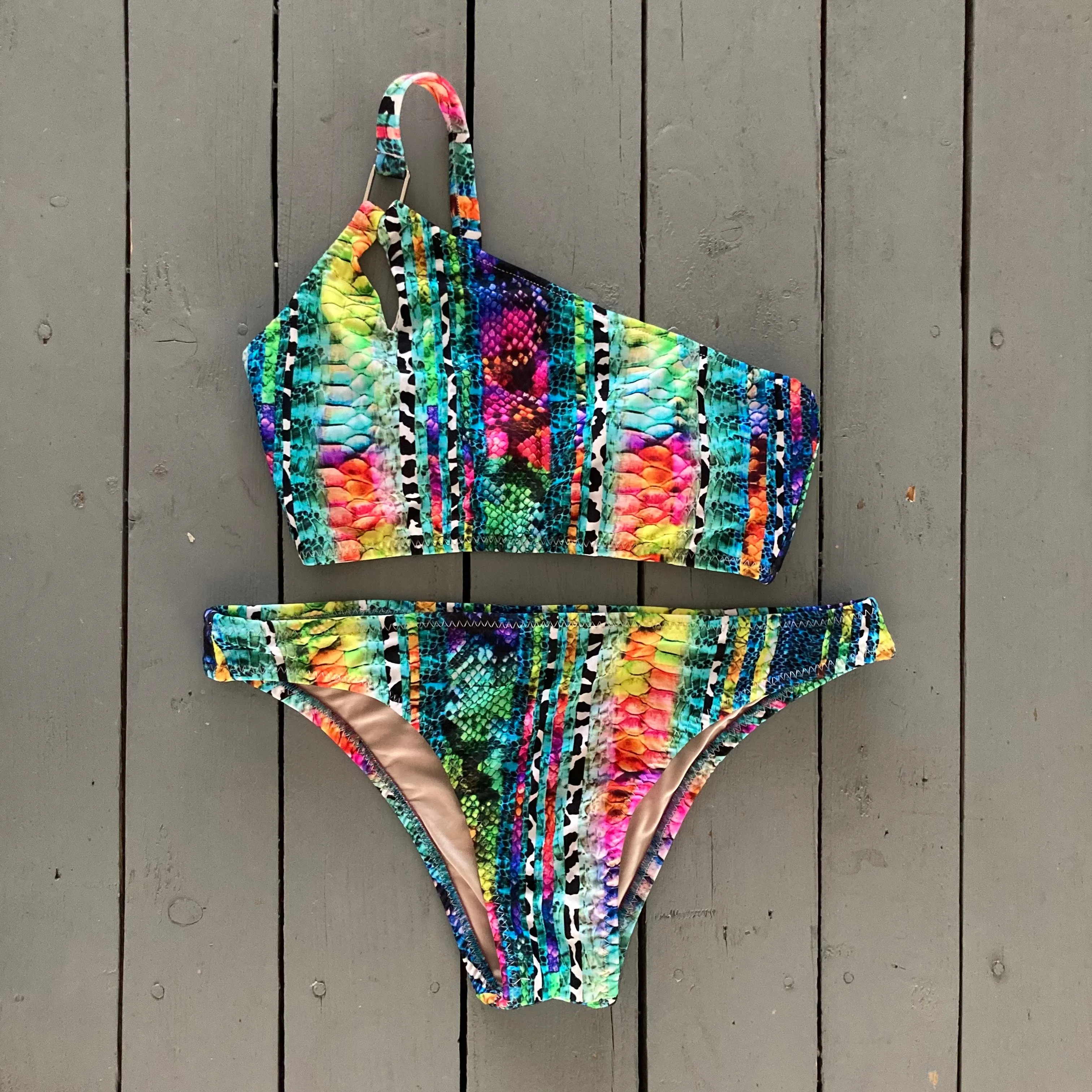 Bright Snakeskin Adjustable One-Shoulder Bikini Top