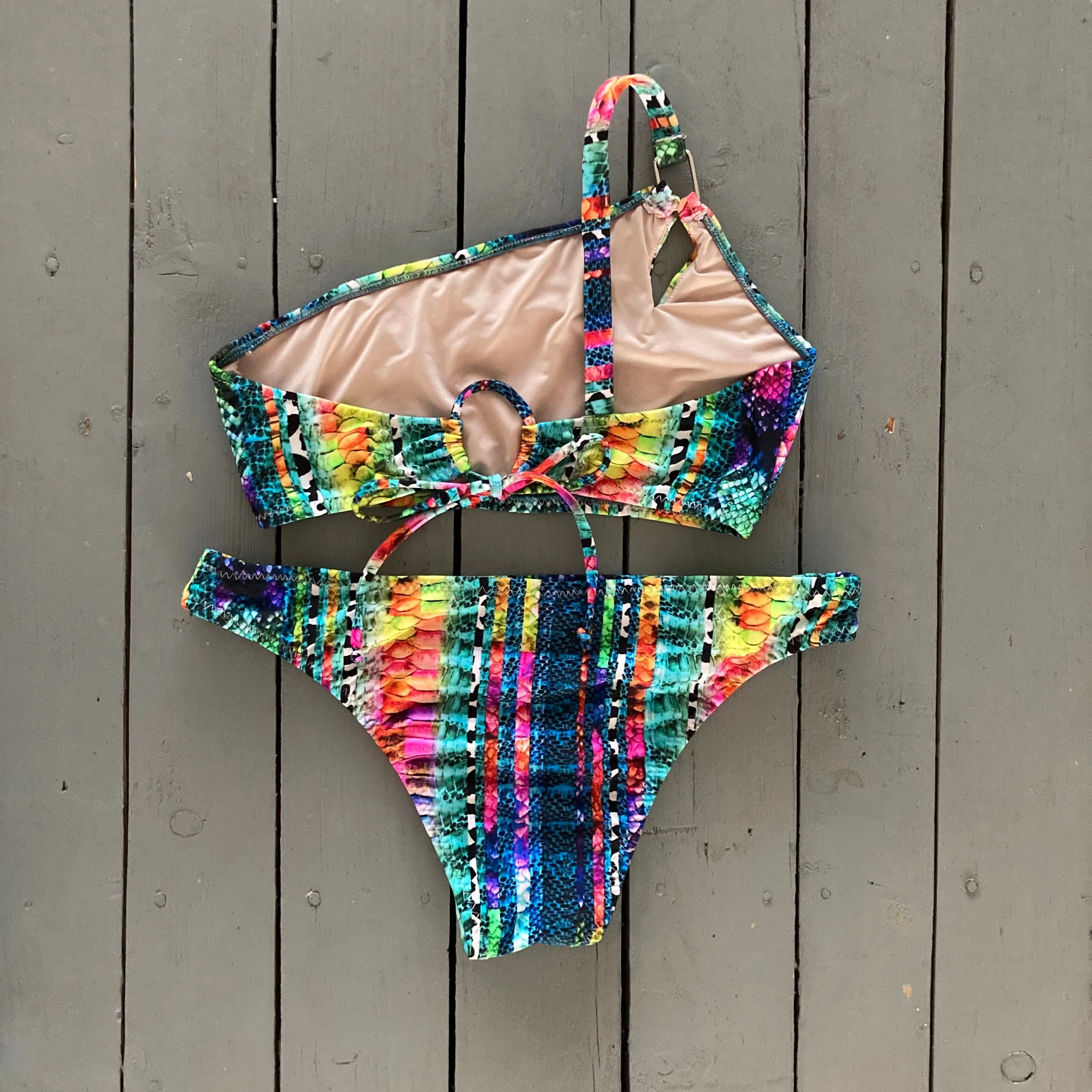 Bright Snakeskin Adjustable One-Shoulder Bikini Top
