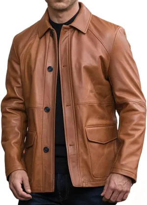 Buy & Catch Online Store Men's Brown Leather Jacket - Vintage Motorcycle Button-Up Lambskin Shacket Trucker Jacket