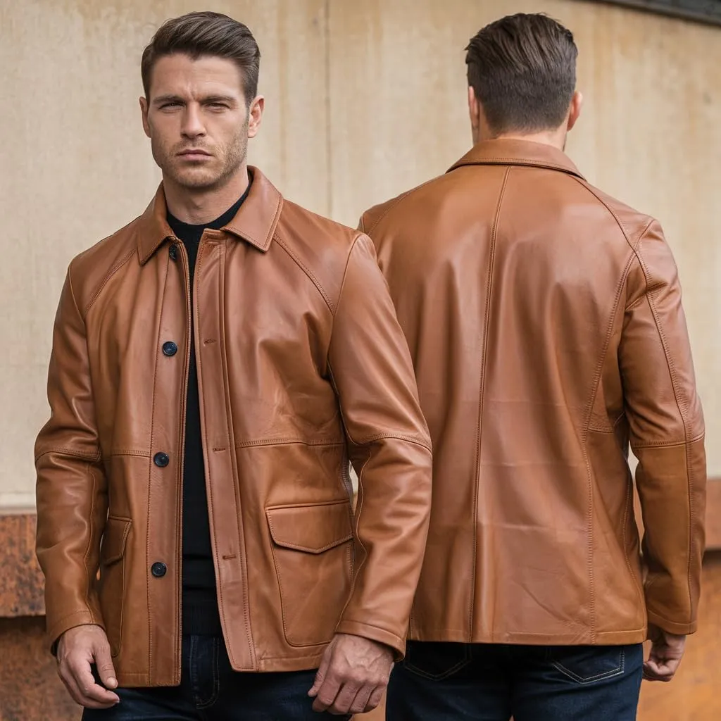 Buy & Catch Online Store Men's Brown Leather Jacket - Vintage Motorcycle Button-Up Lambskin Shacket Trucker Jacket