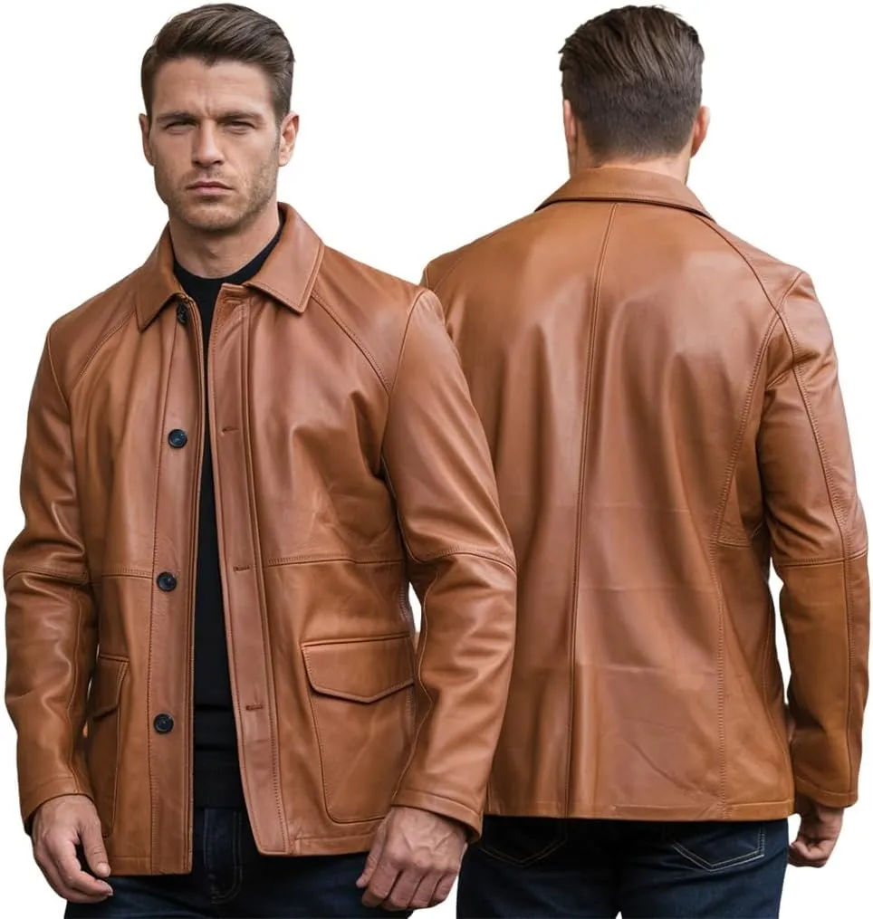 Buy & Catch Online Store Men's Brown Leather Jacket - Vintage Motorcycle Button-Up Lambskin Shacket Trucker Jacket