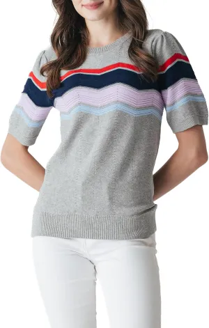 Cable Stitch Women's Zig Zag Stitch Short Sleeve Sweater - Crewneck Soft Cotton Pullover Knit Top