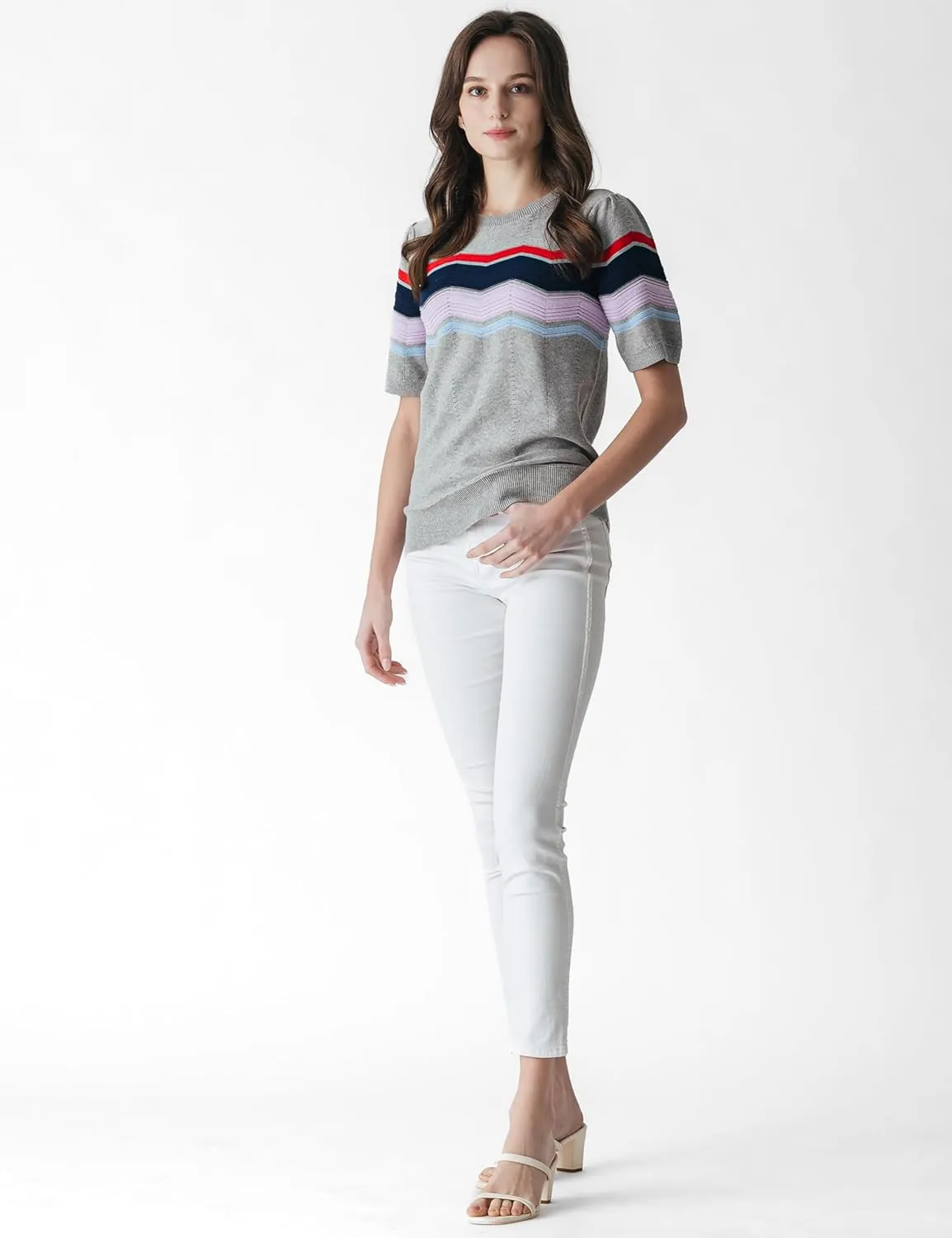 Cable Stitch Women's Zig Zag Stitch Short Sleeve Sweater - Crewneck Soft Cotton Pullover Knit Top
