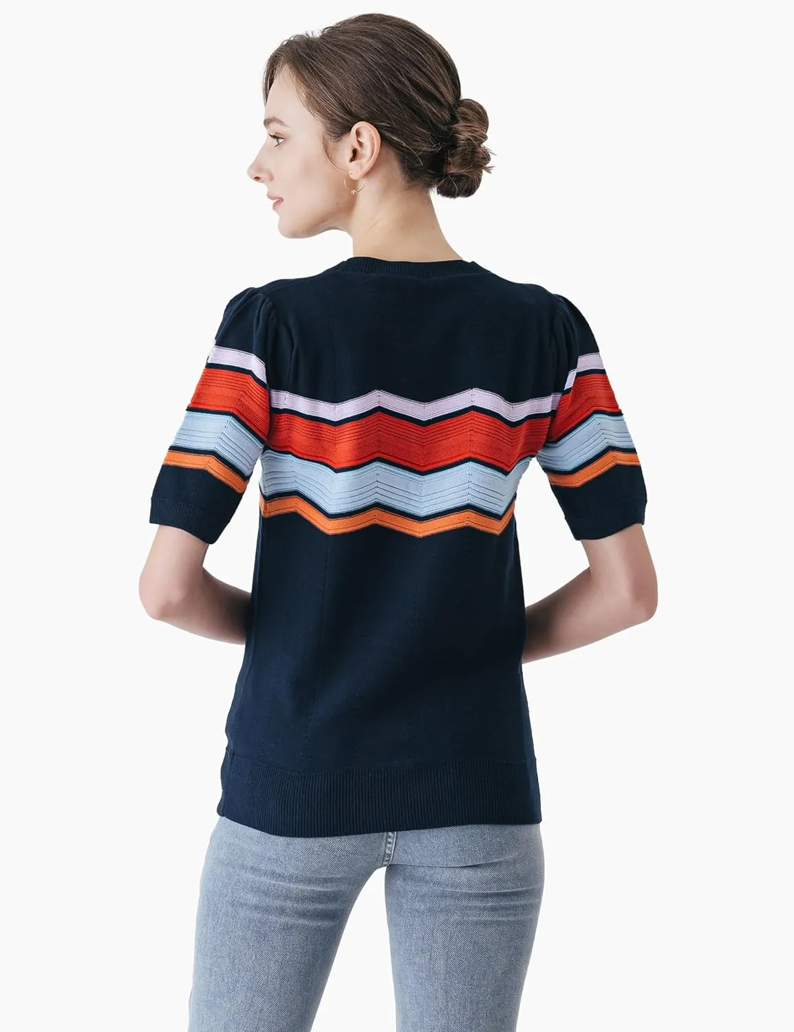 Cable Stitch Women's Zig Zag Stitch Short Sleeve Sweater - Crewneck Soft Cotton Pullover Knit Top