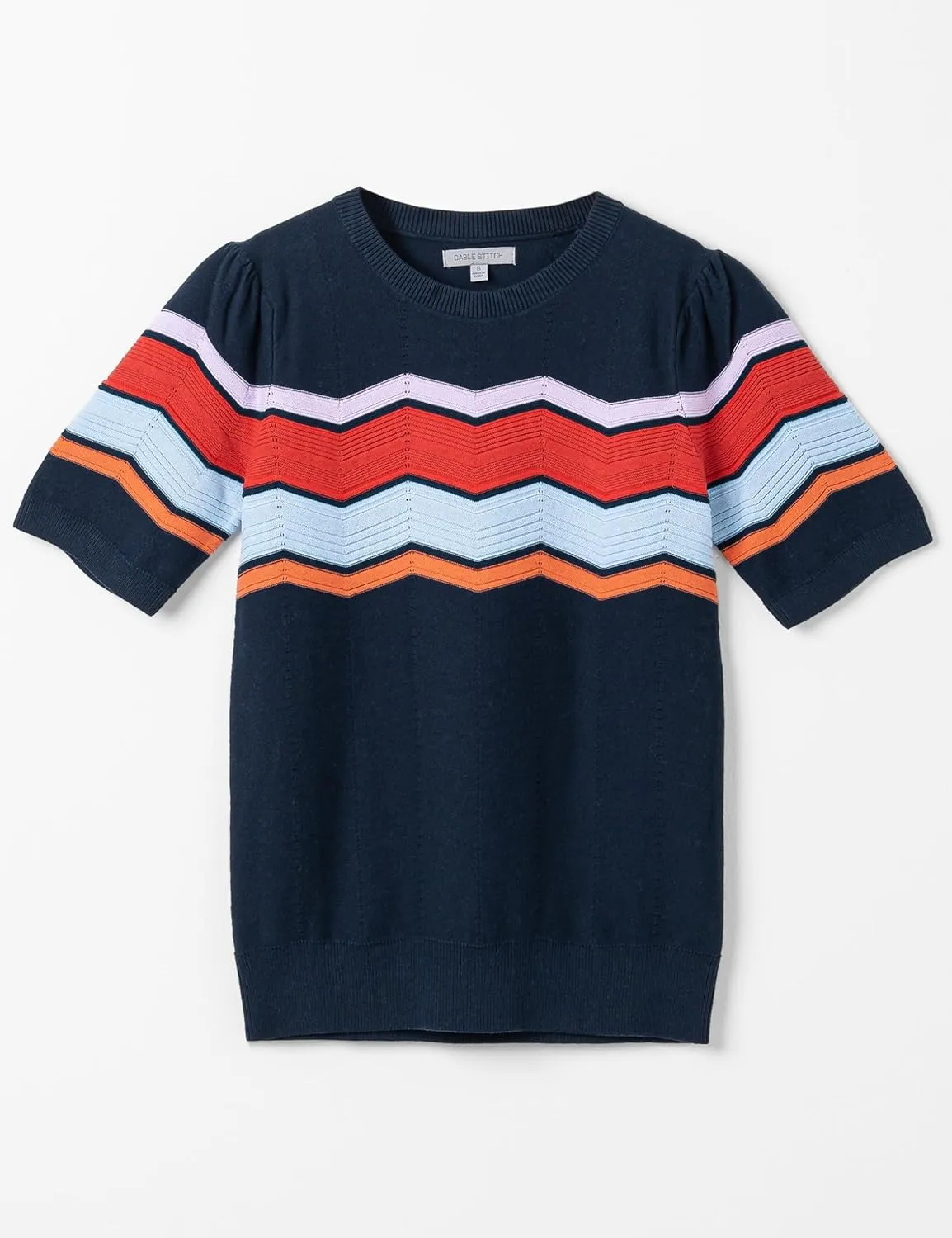 Cable Stitch Women's Zig Zag Stitch Short Sleeve Sweater - Crewneck Soft Cotton Pullover Knit Top