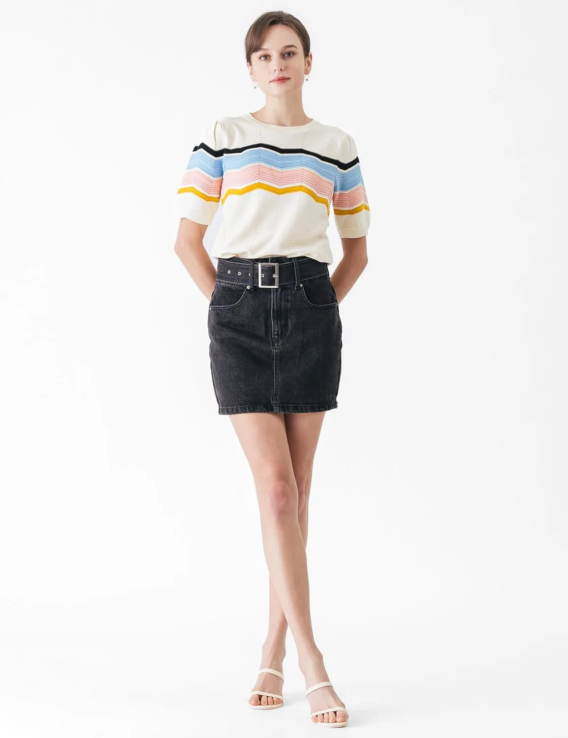 Cable Stitch Women's Zig Zag Stitch Short Sleeve Sweater - Crewneck Soft Cotton Pullover Knit Top