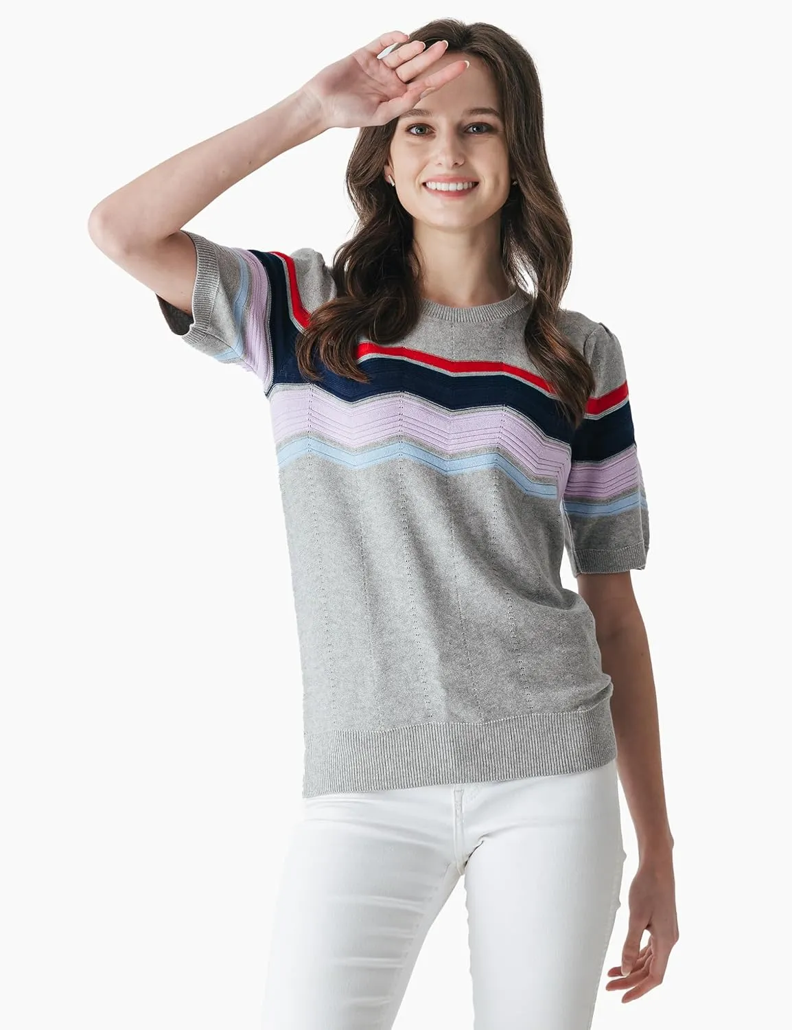 Cable Stitch Women's Zig Zag Stitch Short Sleeve Sweater - Crewneck Soft Cotton Pullover Knit Top