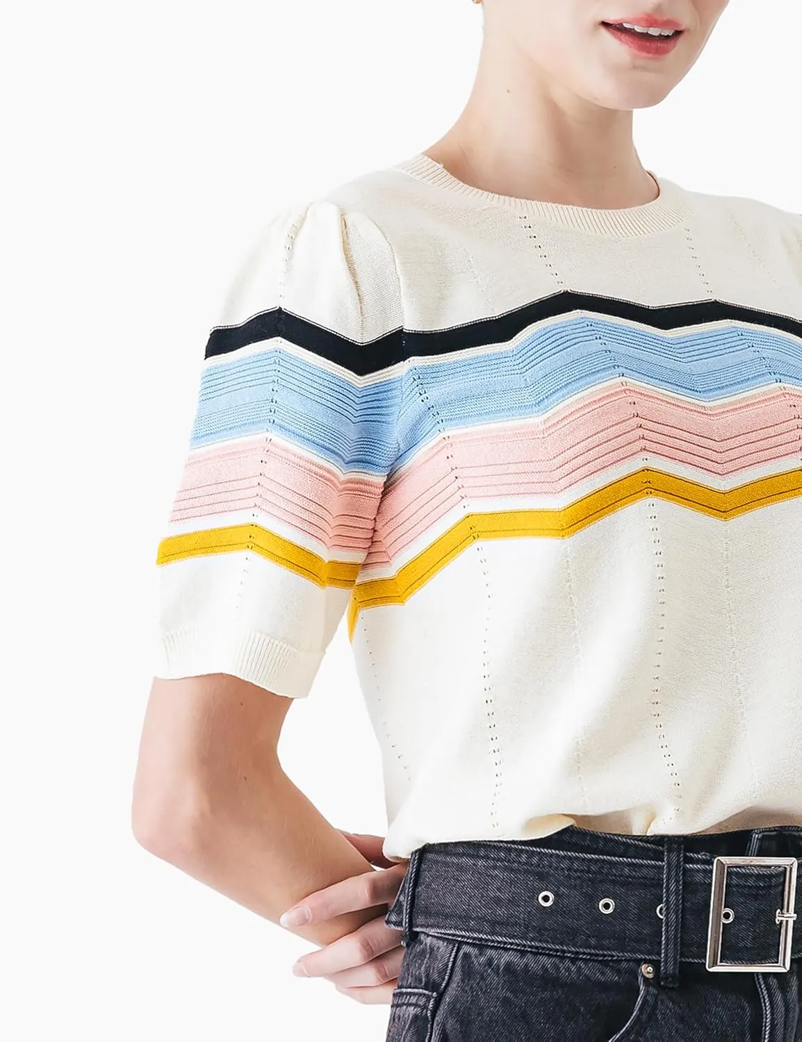 Cable Stitch Women's Zig Zag Stitch Short Sleeve Sweater - Crewneck Soft Cotton Pullover Knit Top