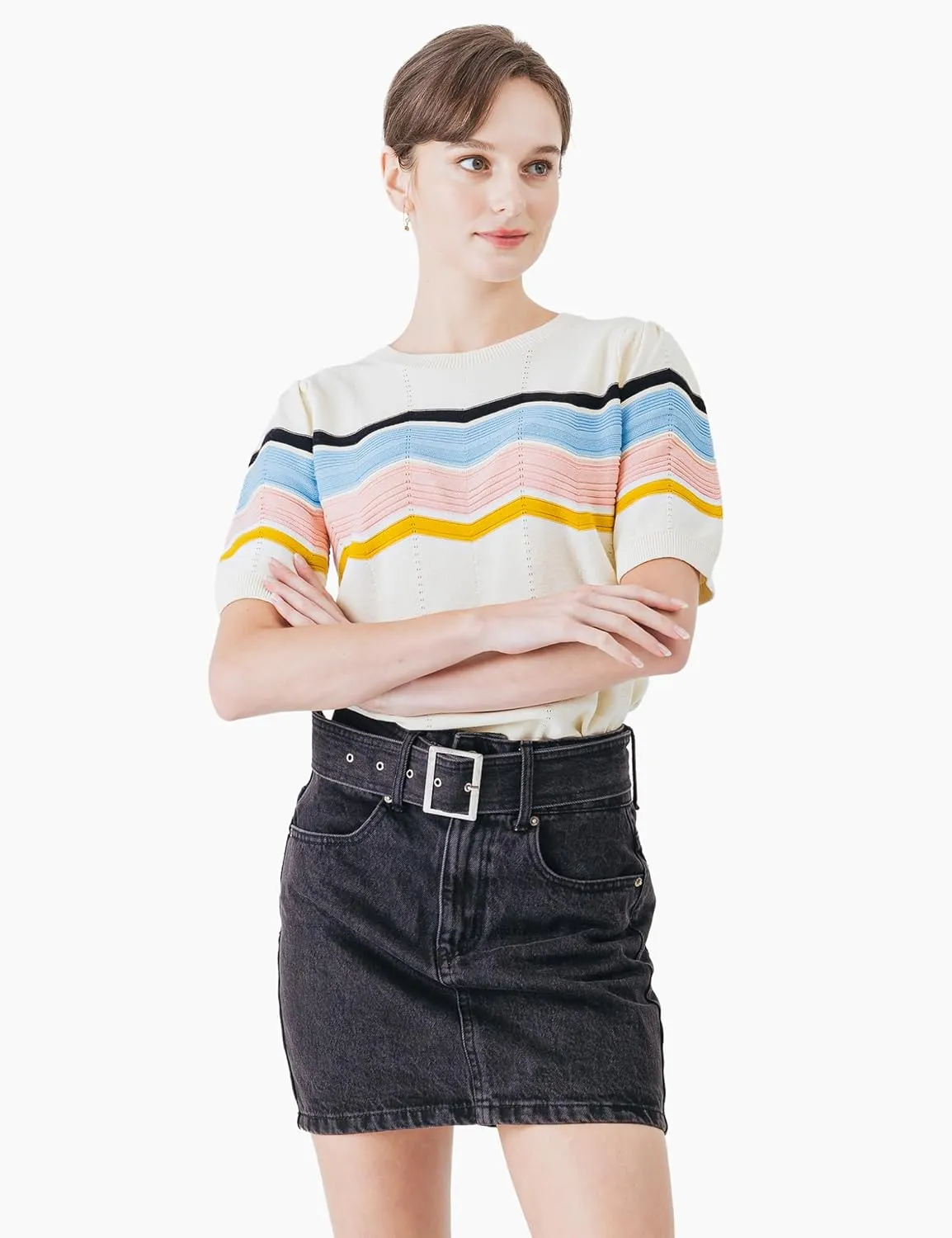 Cable Stitch Women's Zig Zag Stitch Short Sleeve Sweater - Crewneck Soft Cotton Pullover Knit Top