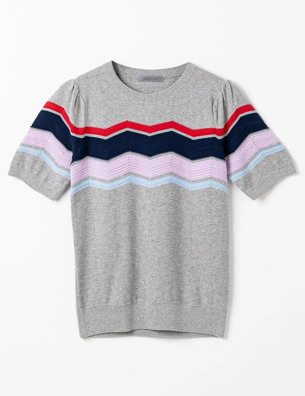 Cable Stitch Women's Zig Zag Stitch Short Sleeve Sweater - Crewneck Soft Cotton Pullover Knit Top