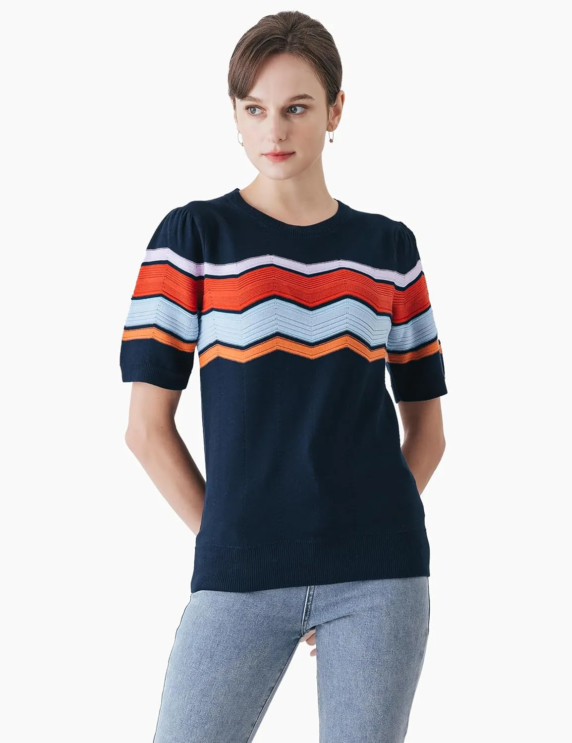 Cable Stitch Women's Zig Zag Stitch Short Sleeve Sweater - Crewneck Soft Cotton Pullover Knit Top