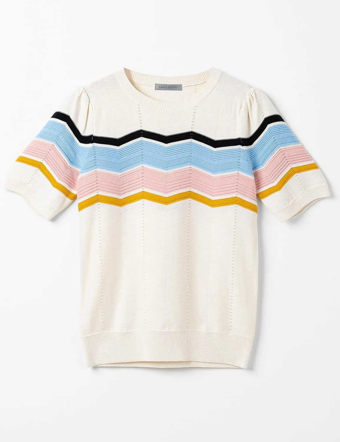 Cable Stitch Women's Zig Zag Stitch Short Sleeve Sweater - Crewneck Soft Cotton Pullover Knit Top
