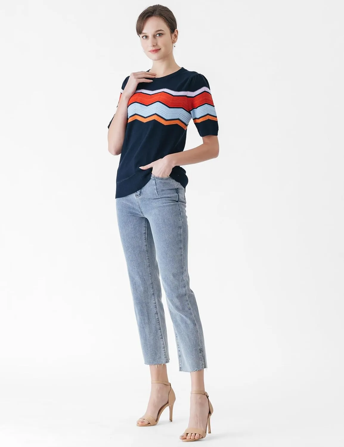 Cable Stitch Women's Zig Zag Stitch Short Sleeve Sweater - Crewneck Soft Cotton Pullover Knit Top